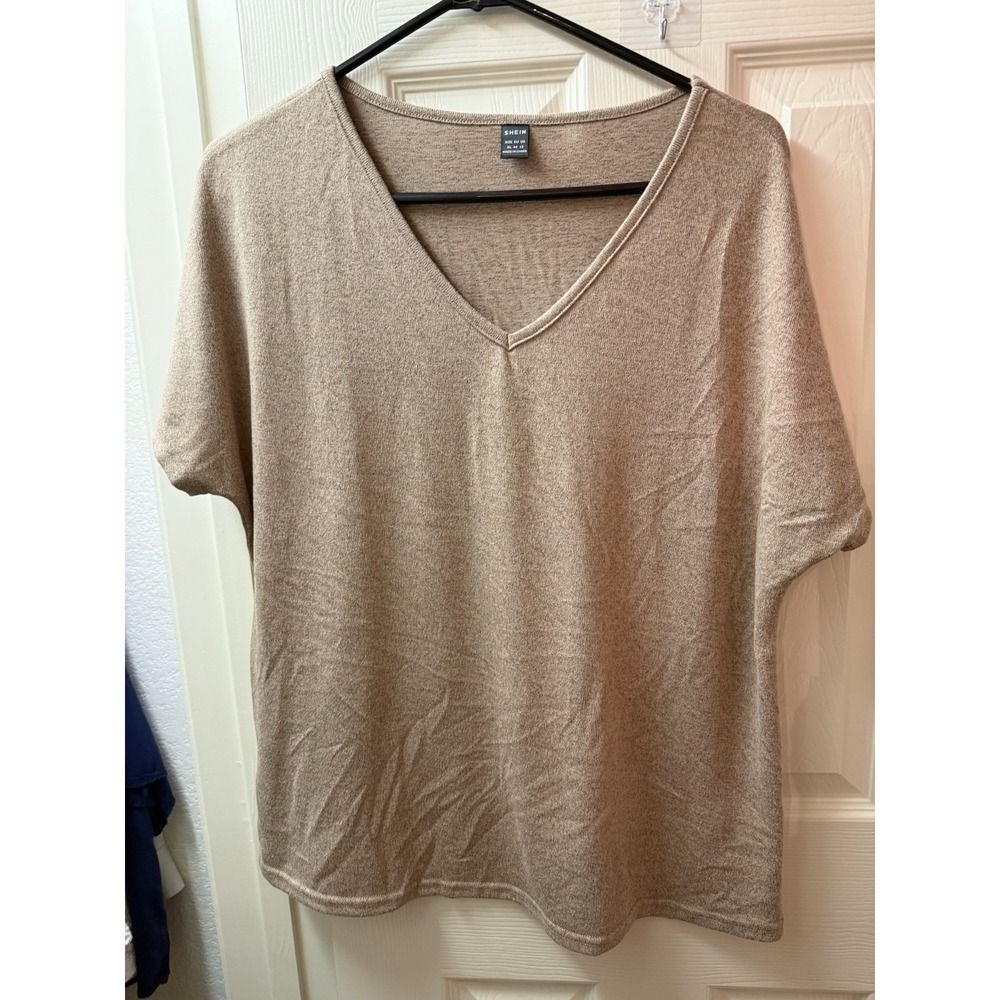 SheIn Women Tan Knit V-Neck Blouse Short Sleeve Relaxed Fit Top XL
